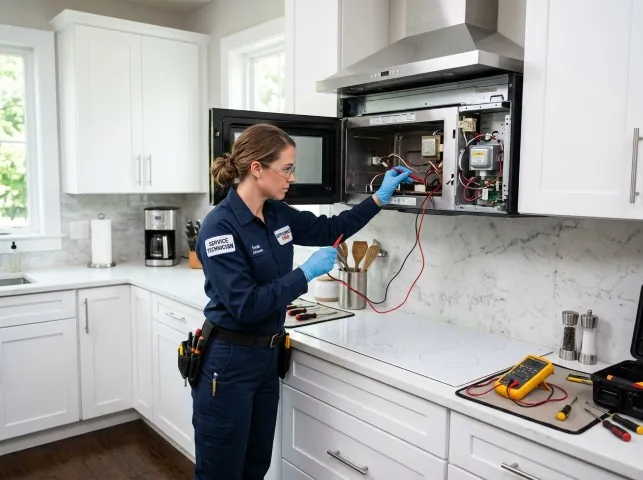 Appliance Repair Hero technician testing an over-the-range microwave in a Agawam, MA kitchen